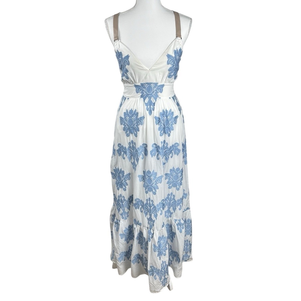 A Loves A Boho Maxi Dress Sz L Tier Embroidered White Blue Cottagecore NWT $169